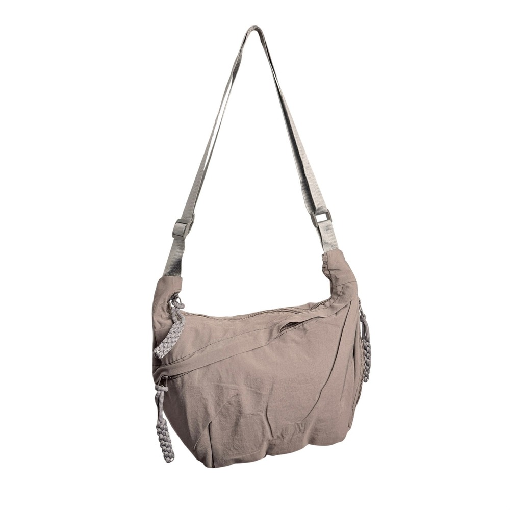 Travel Crescent Crossbody Bag Taupe Tan Nylon Adjustable Sling Strap Lightweight
